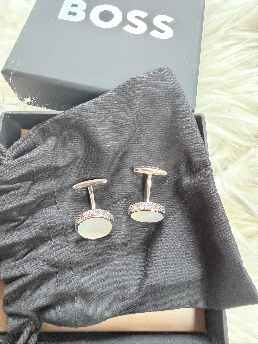 BOSS Silver-Tone Mother-of-Pearl Round Cufflinks